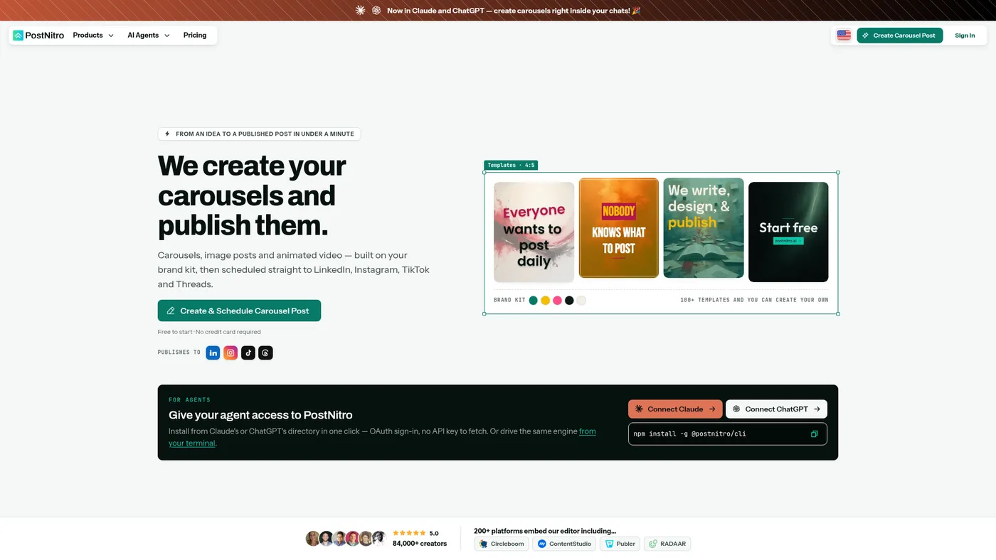 PostNitro homepage captured September 14, 2026, showing carousel creation and publishing