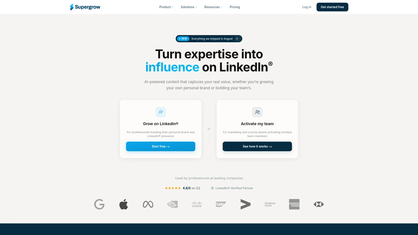 Supergrow homepage captured September 14, 2026, presenting its LinkedIn content platform