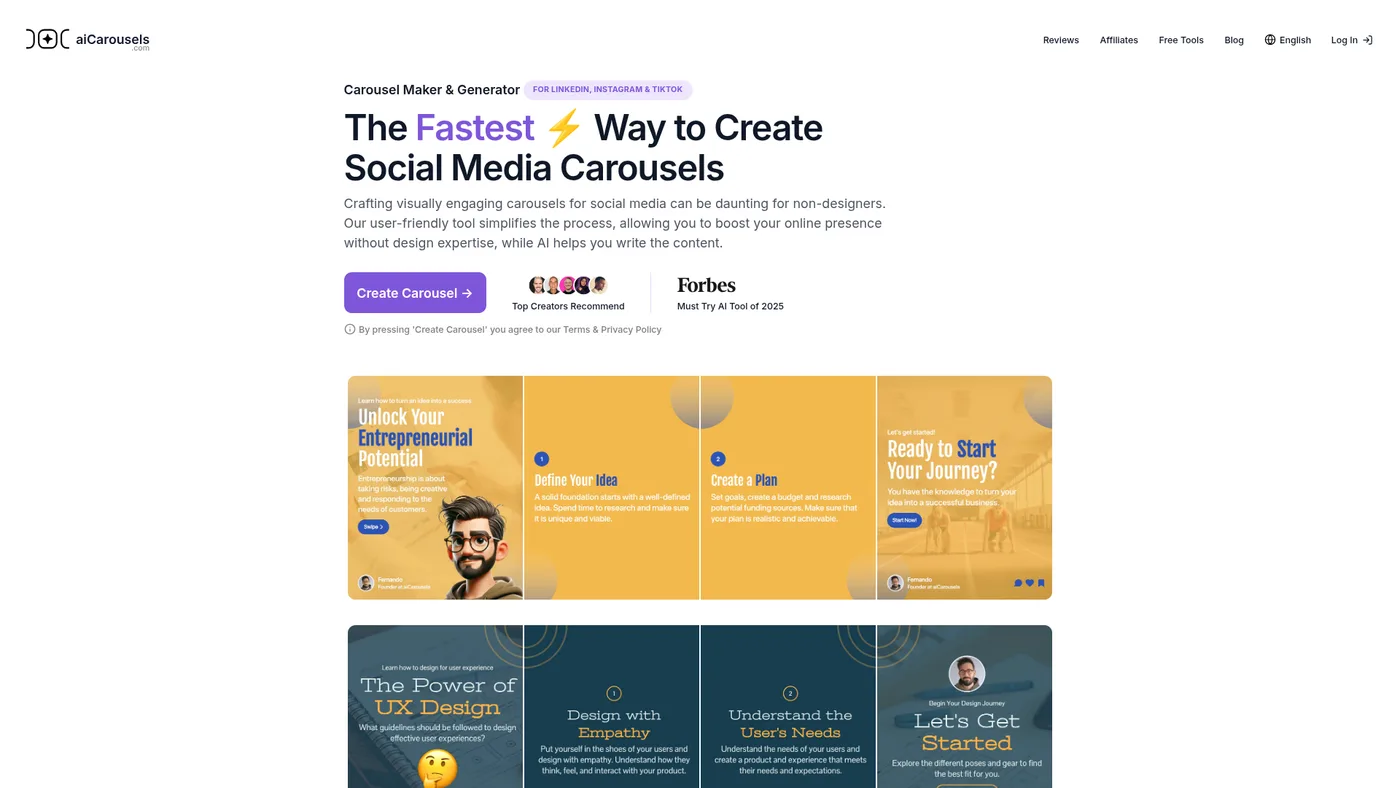 aiCarousels homepage showing its carousel maker and sample slides