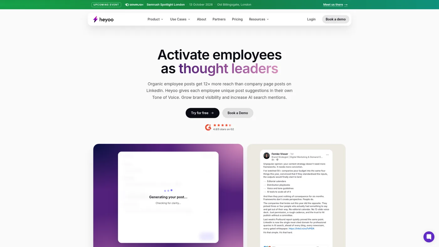 Heyoo homepage presenting employee thought leadership and personalized post suggestions