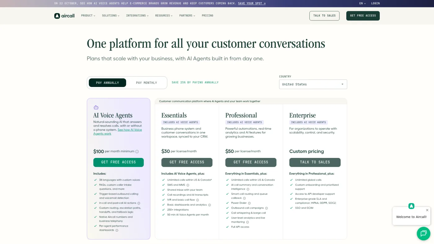 Aircall public pricing page captured October 16, 2026, showing Essentials at $30 and Professional at $50 per license on annual billing