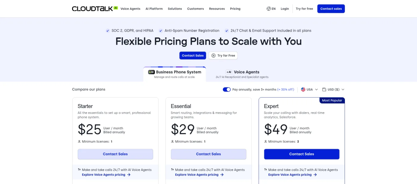 CloudTalk public pricing page in US view captured October 16, 2026, showing Starter, Essential and Expert prices and minimum licenses