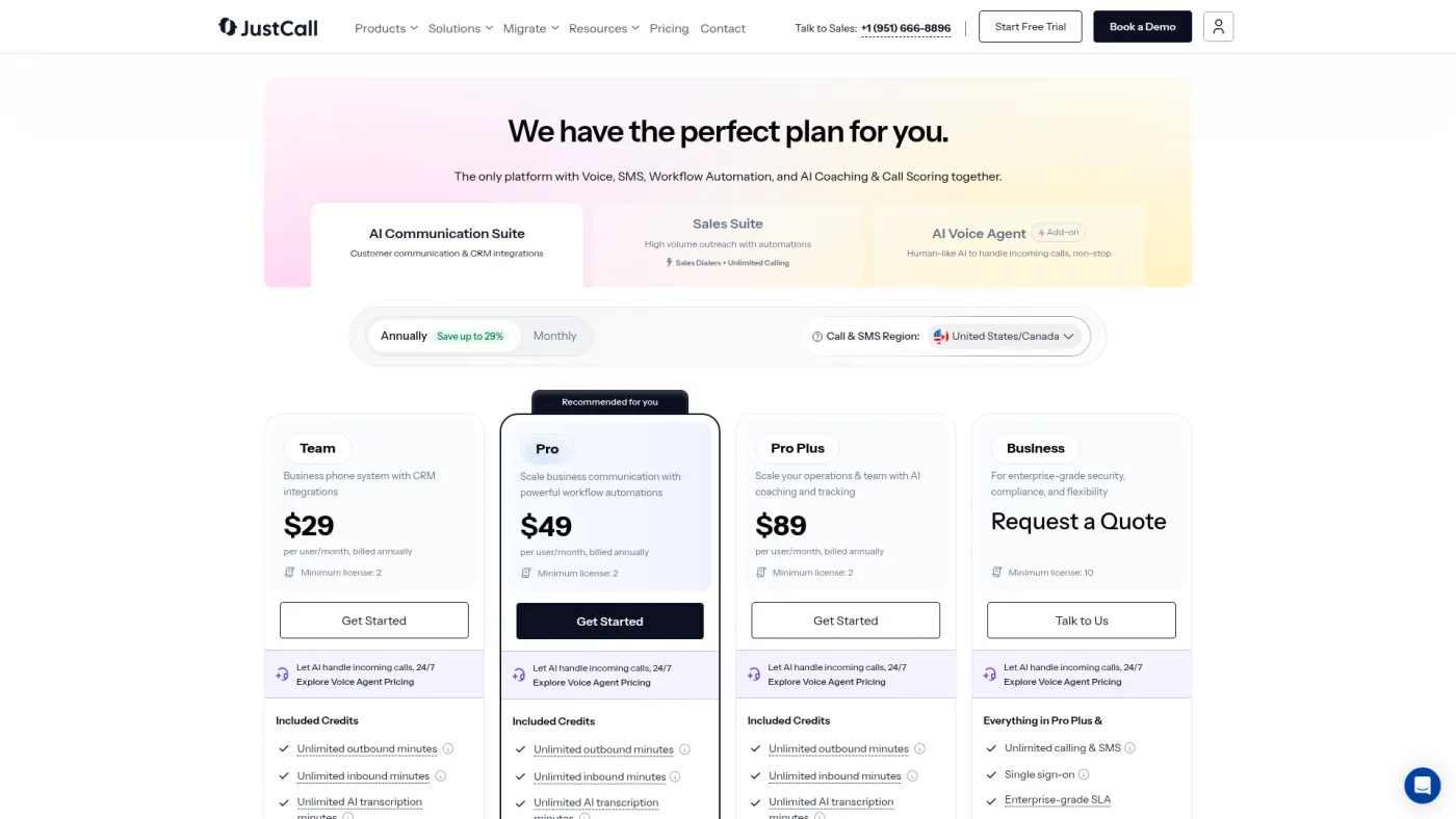 JustCall public pricing page captured October 16, 2026, showing Team, Pro, Pro Plus and Business plans with minimum licenses