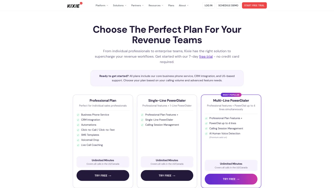 Kixie public plans page captured October 16, 2026, showing Professional, Single-Line PowerDialer and Multi-Line PowerDialer plans without public prices