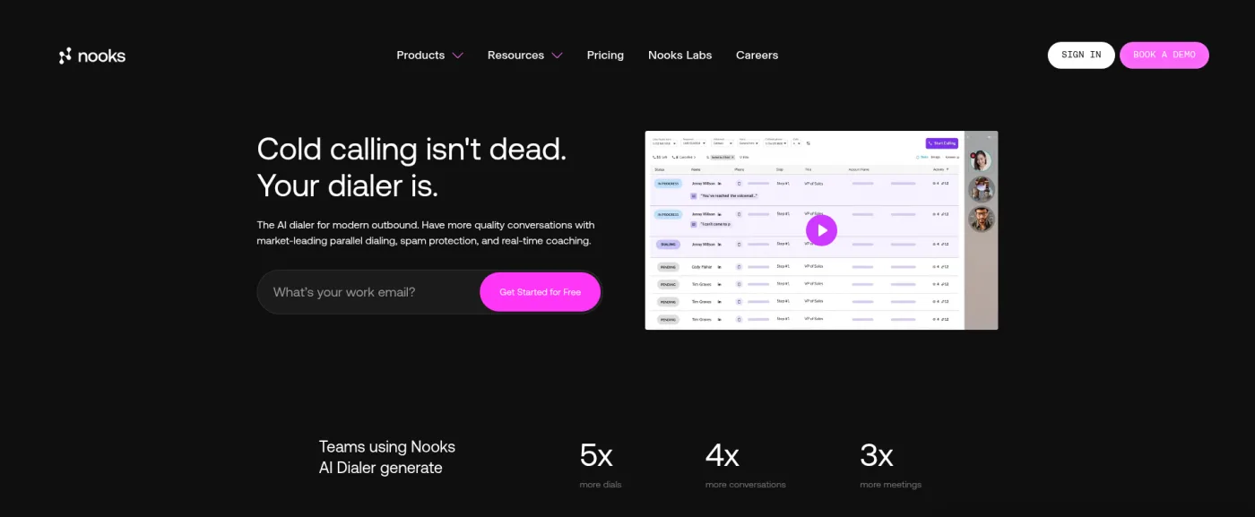 Nooks AI Dialer public page captured October 16, 2026, describing parallel dialing, spam protection and coaching