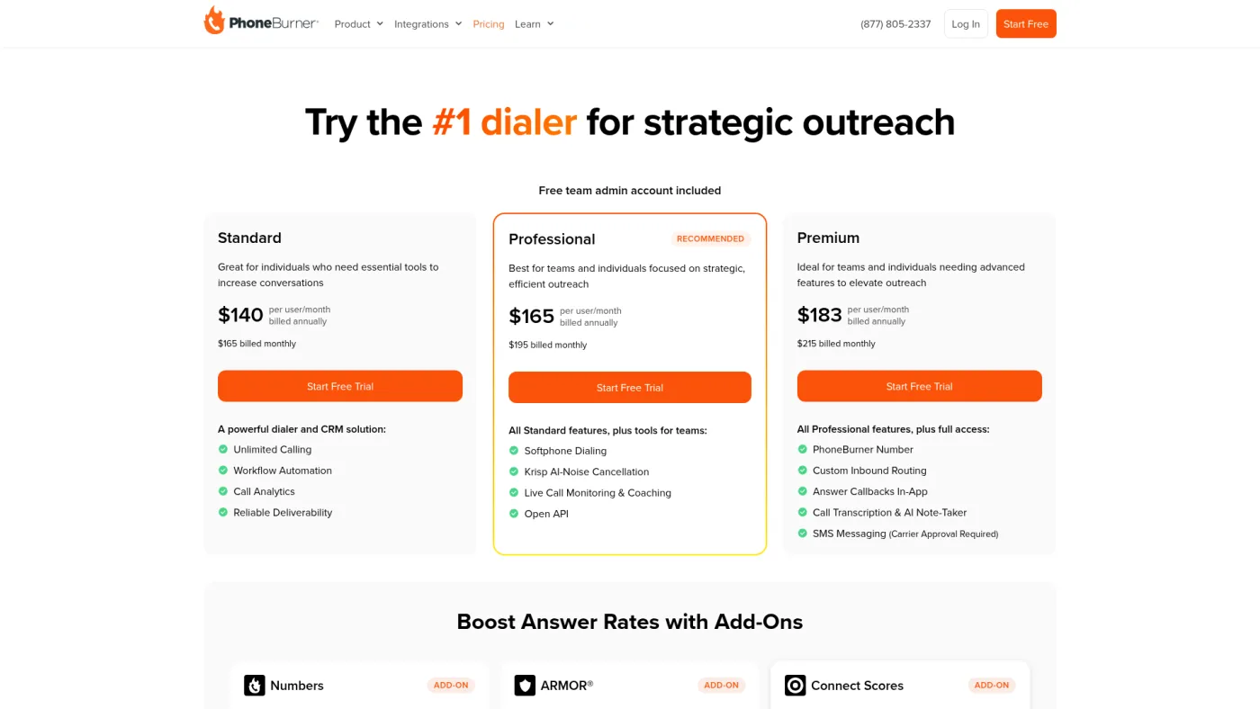 PhoneBurner public pricing page captured October 16, 2026, showing Standard at $140 annually and $165 monthly per user