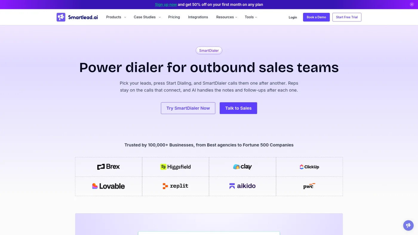 Smartlead SmartDialer public product page captured October 16, 2026, describing a power dialer for outbound sales teams