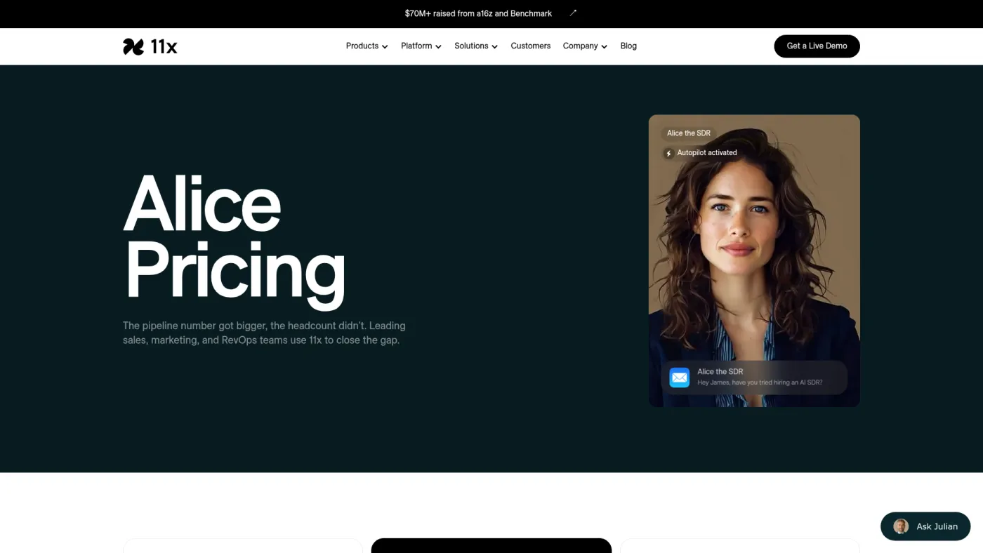 11x Alice public pricing page for autonomous prospecting plans