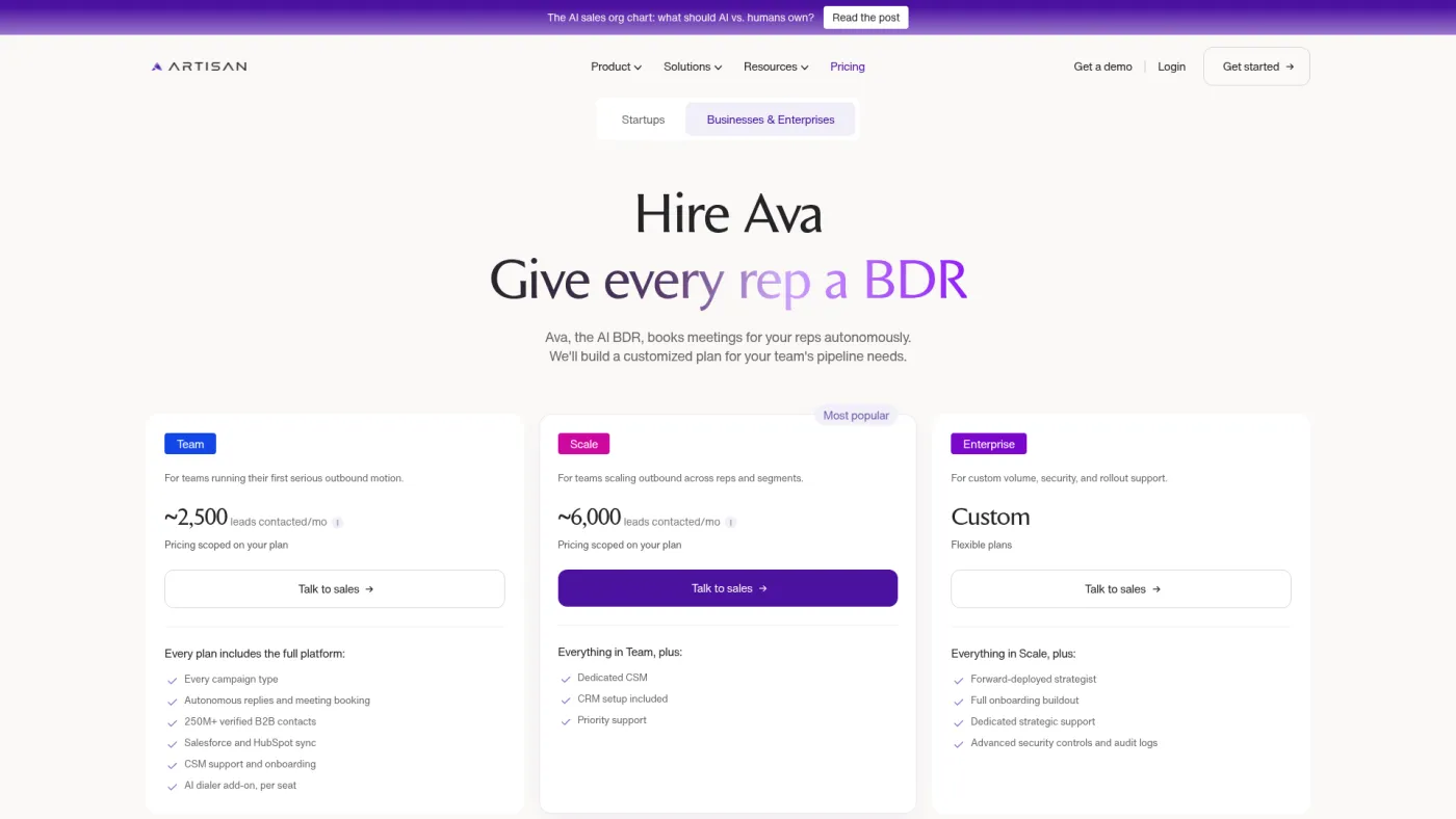 Artisan public pricing page for Ava with lead-volume and mailbox-based plan structure