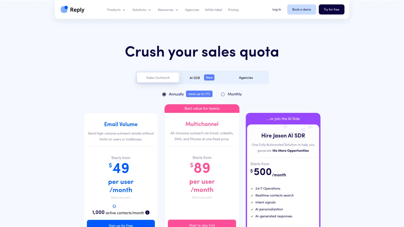 Reply public pricing page showing email, multichannel and Jason AI options
