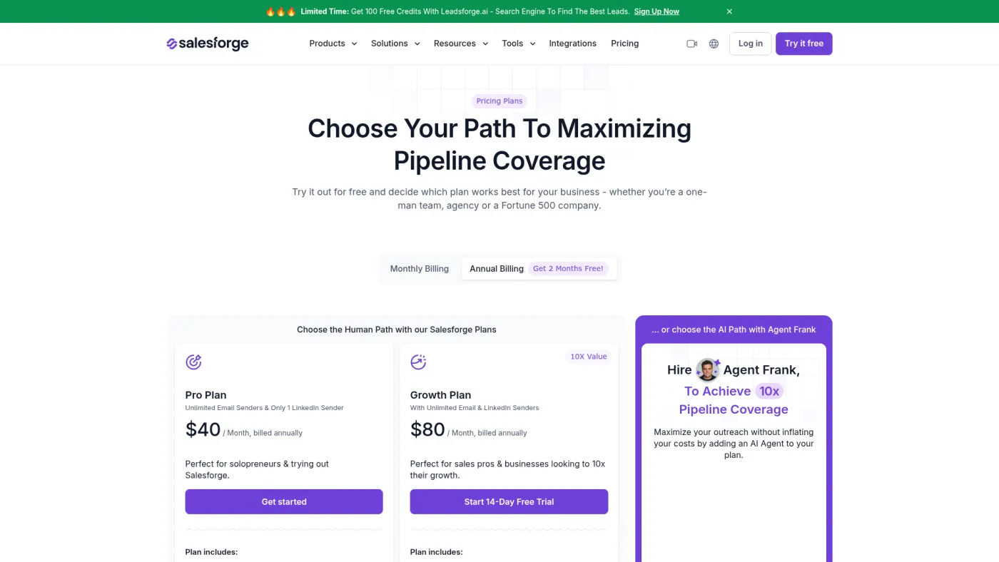 Salesforge public pricing page showing Agent Frank and platform plan options