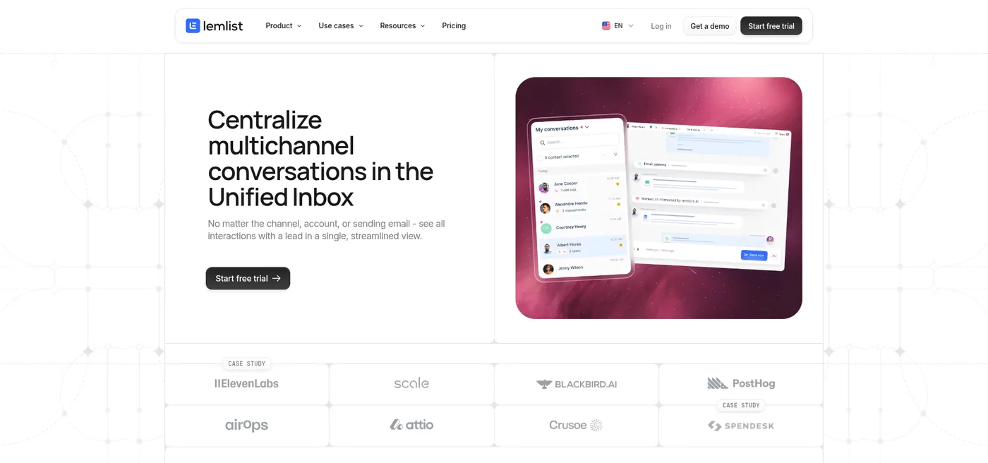 lemlist public Unified Inbox page captured October 22, 2026, showing email and multichannel conversation positioning