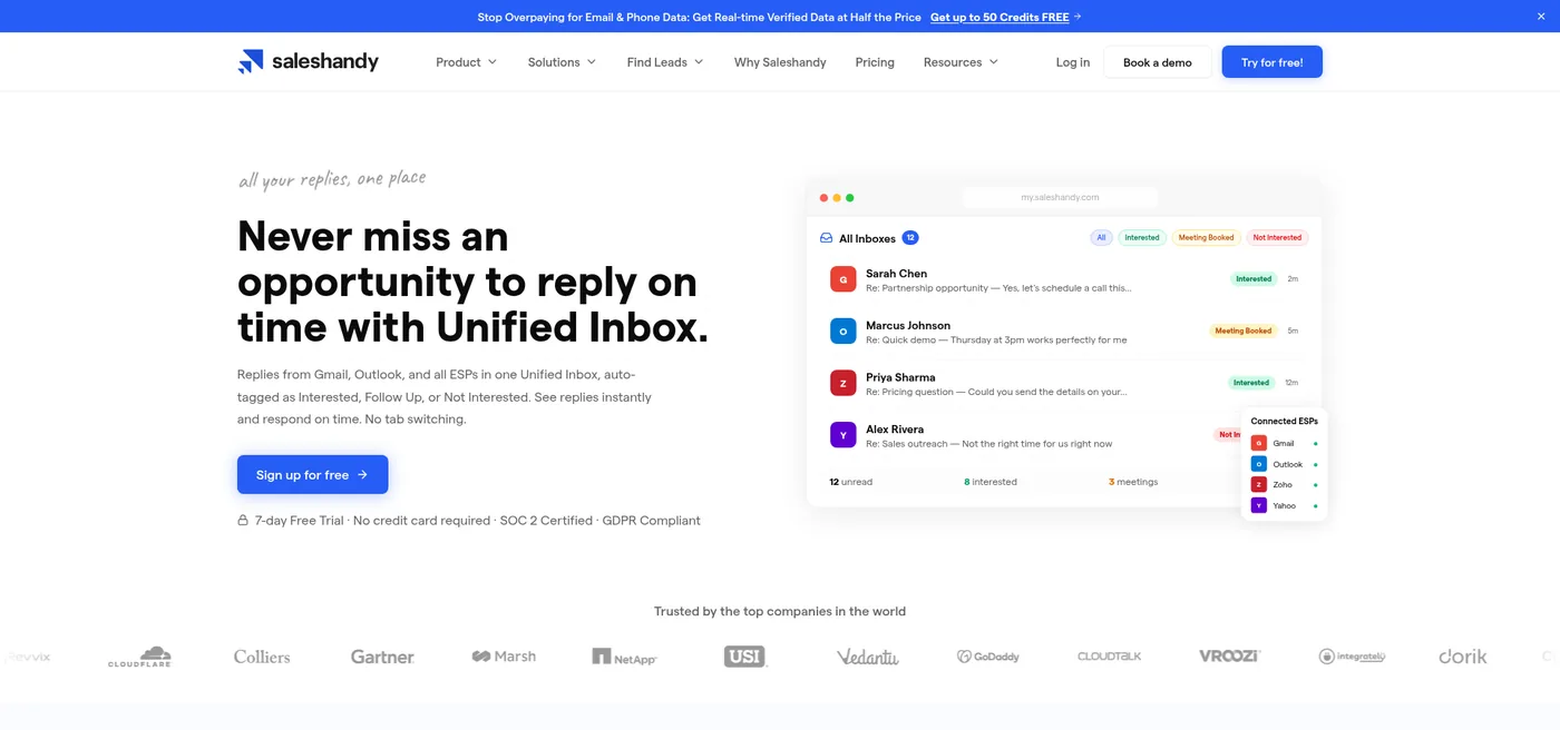 Saleshandy public Unified Inbox page captured October 22, 2026, showing the reply-management product