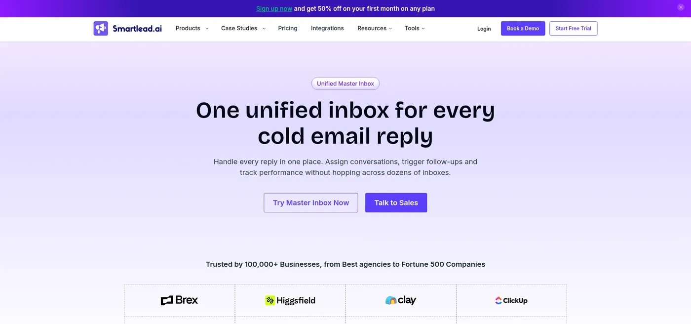 Smartlead public Master Inbox page captured October 22, 2026, describing one unified inbox for cold email replies