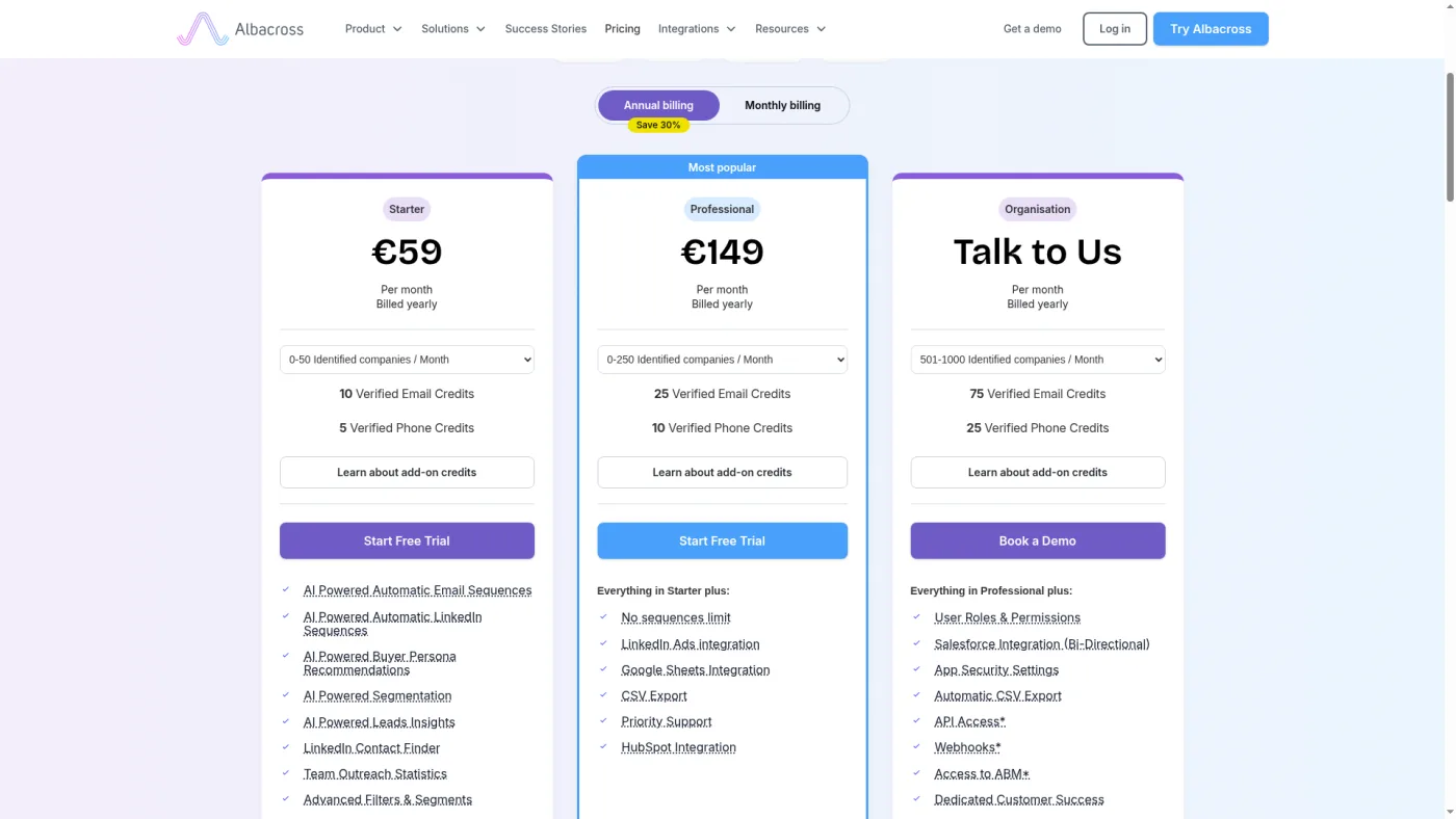Albacross public pricing page captured October 16, 2026, showing Starter, Professional and Organisation plans with verified email credits