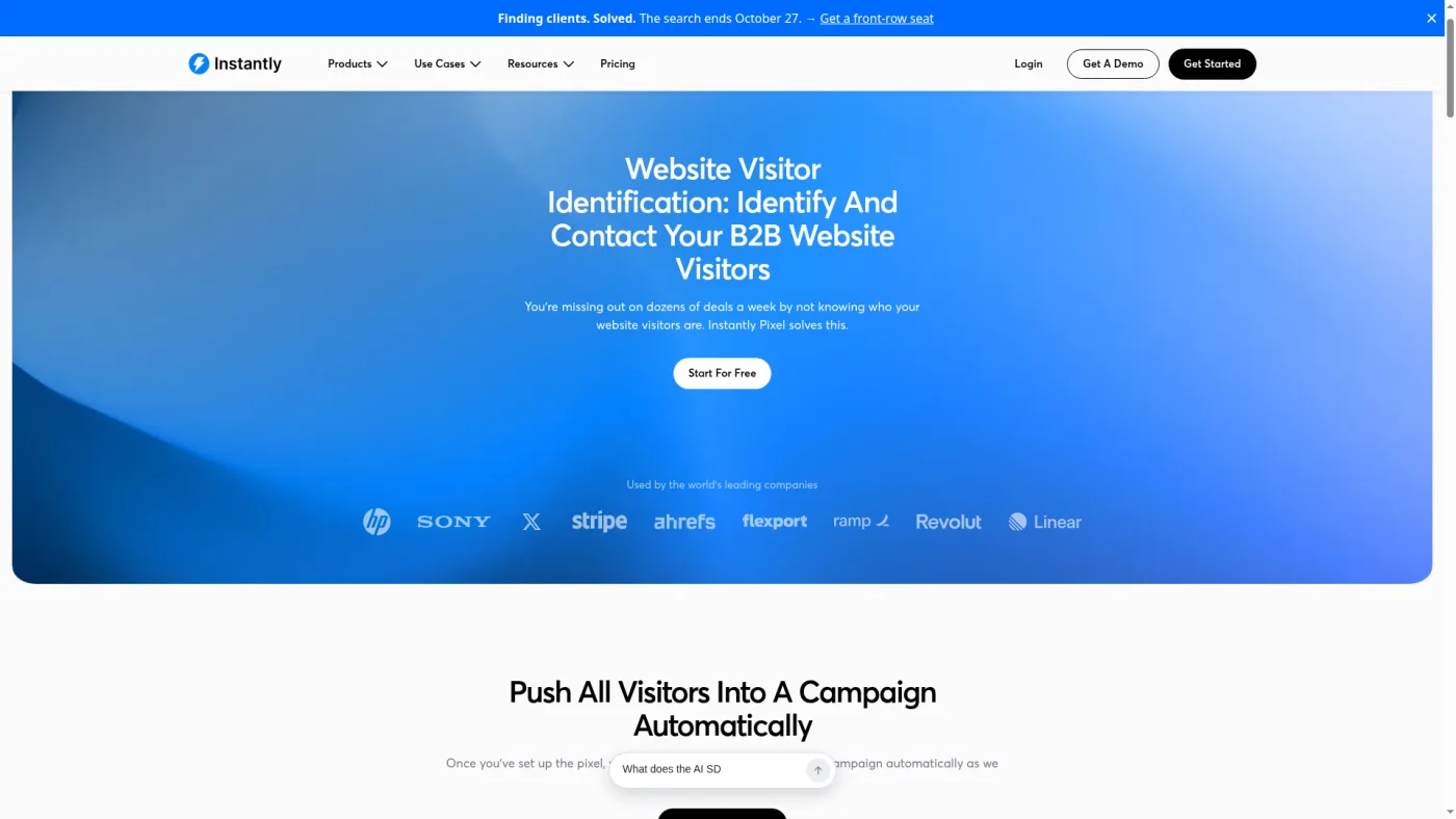 Instantly website visitor identification page captured October 16, 2026, describing the Instantly Pixel and automatic campaign pushes