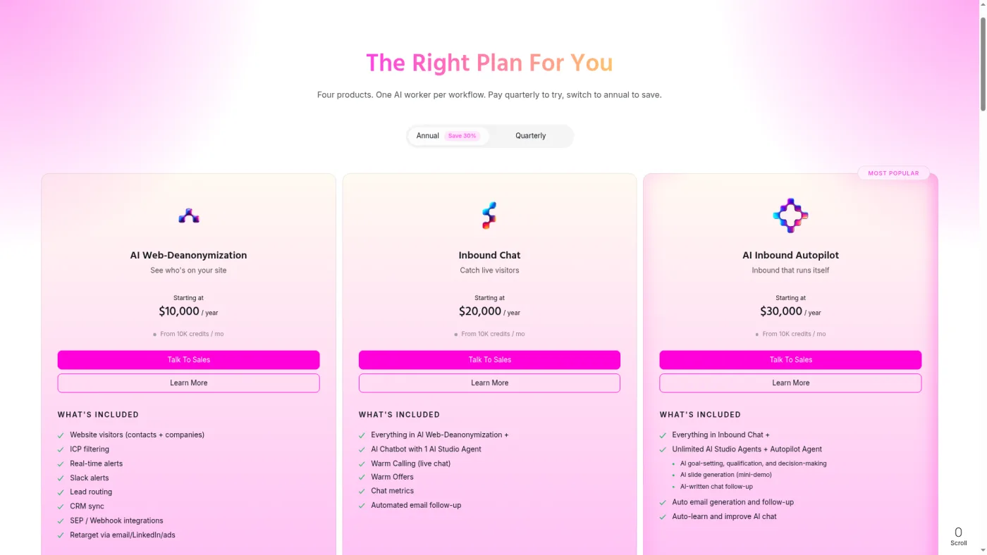 Warmly public pricing page captured October 16, 2026, showing AI Web-Deanonymization, Inbound Chat and AI Inbound Autopilot plans